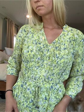 Floral Tie-Waist V-Neck Dress in Yellow and Blue